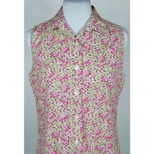 Pink & Green Floral Top M Sleeveless Button Front